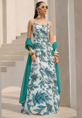 Blue Floral Print Crepe Anarkali With Dupatta