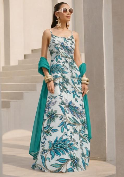 Blue Floral Print Crepe Anarkali With Dupatta