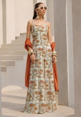 Mustard Floral Print Crepe Anarkali With Dupatta