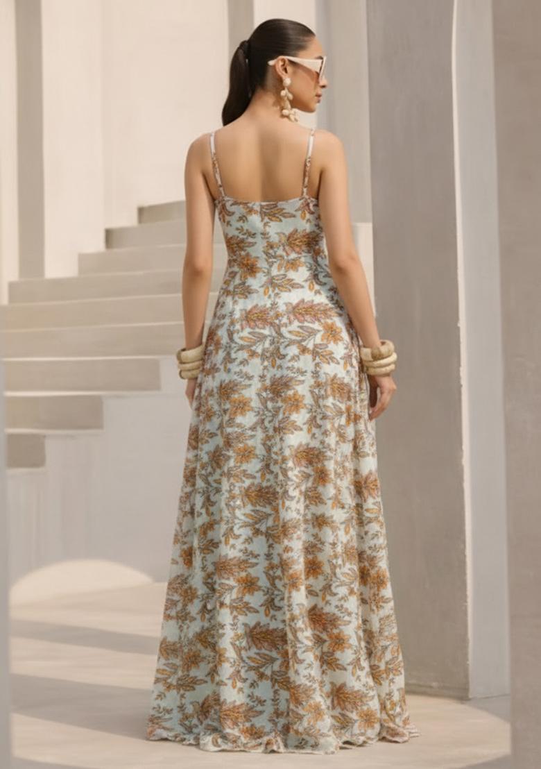 Mustard Floral Print Crepe Anarkali With Dupatta - Indya