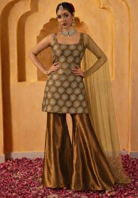 Brown Sequin Silk Sharara Set