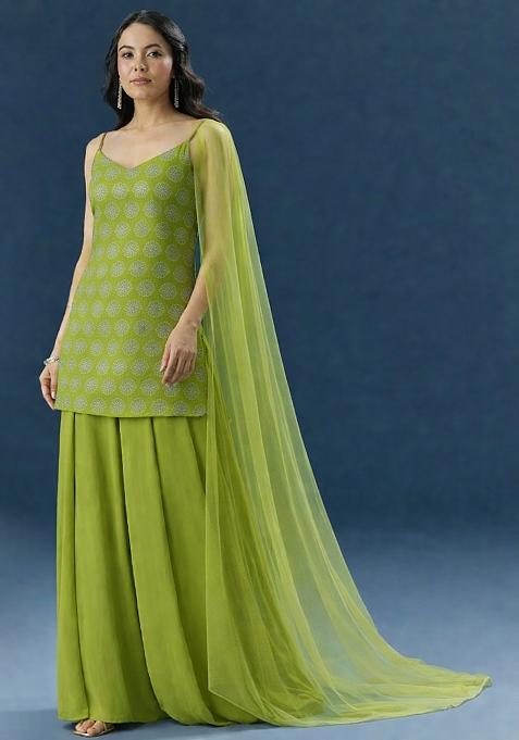 Olive Green Sequin Silk Sharara Set