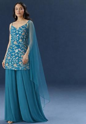 Sky Blue Sequin Silk Sharara Set