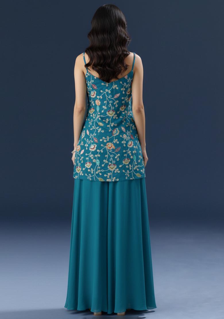 Sky Blue Sequin Silk Sharara Set - Indya