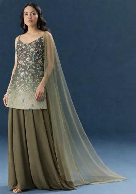 Olive Green Sequin Silk Sharara Set