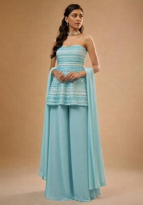 Blue Embroidered Georgette Sharara Set