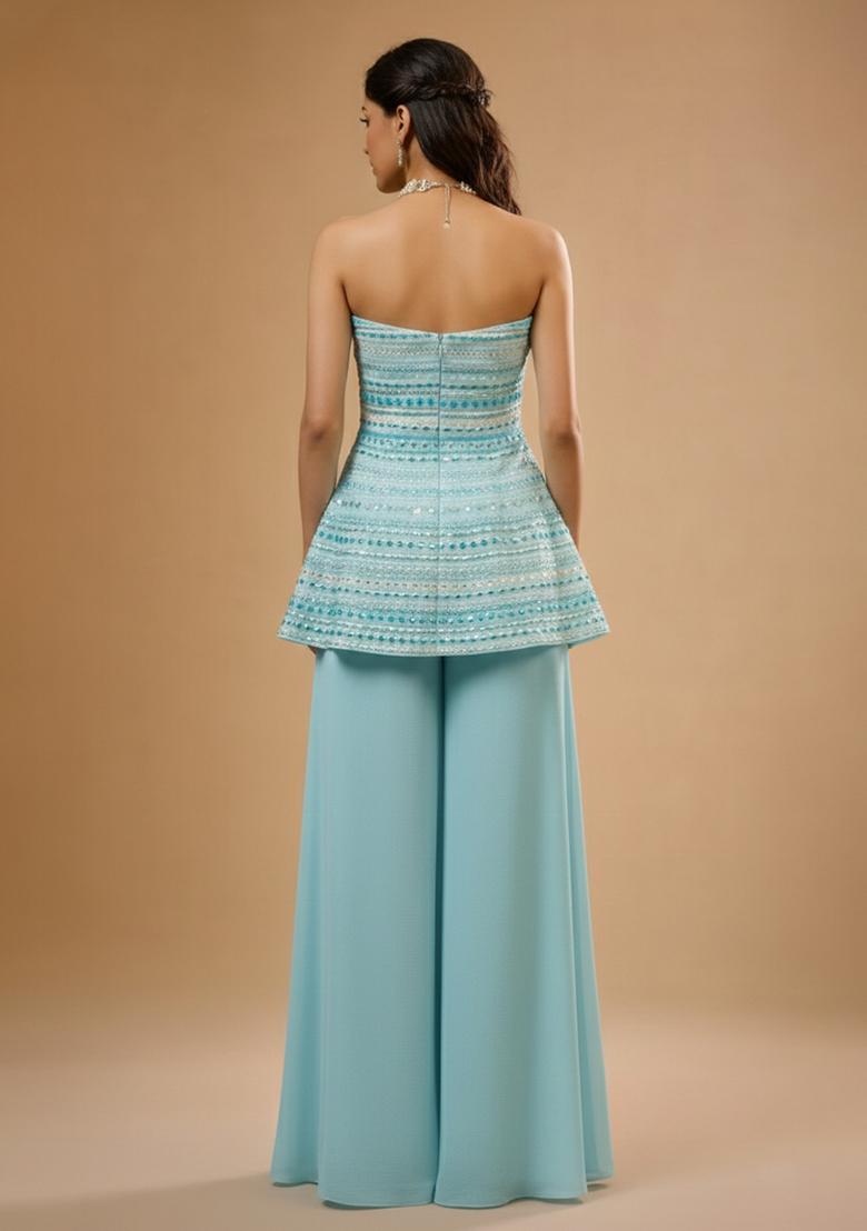 Blue Embroidered Georgette Sharara Set - Indya