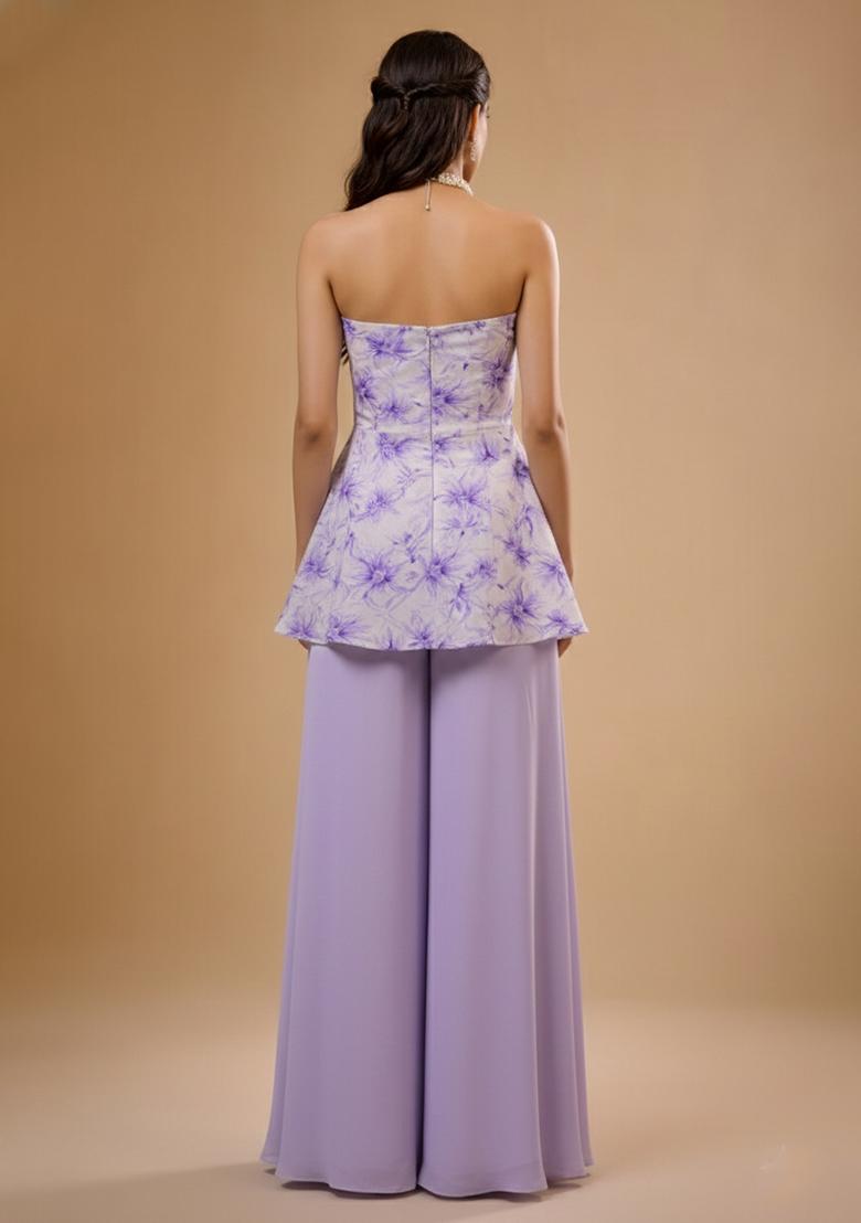 Lavender Floral Print Crepe Sharara Set - Indya