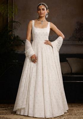 White Mirror Work Georgette Anarkali With Dupatta