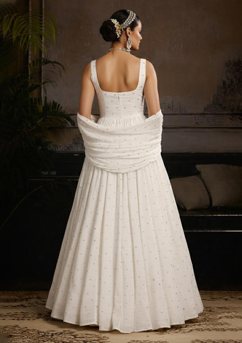 White Mirror Work Georgette Anarkali With Dupatta - Indya