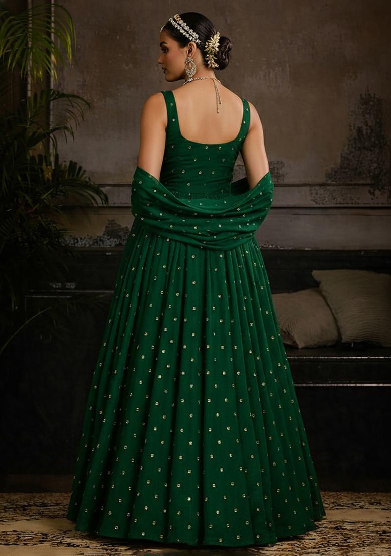 Bottle Green Mirror Work Georgette Anarkali With Dupatta - Indya