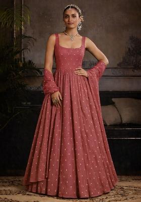 Dusty Pink Mirror Work Georgette Anarkali With Dupatta