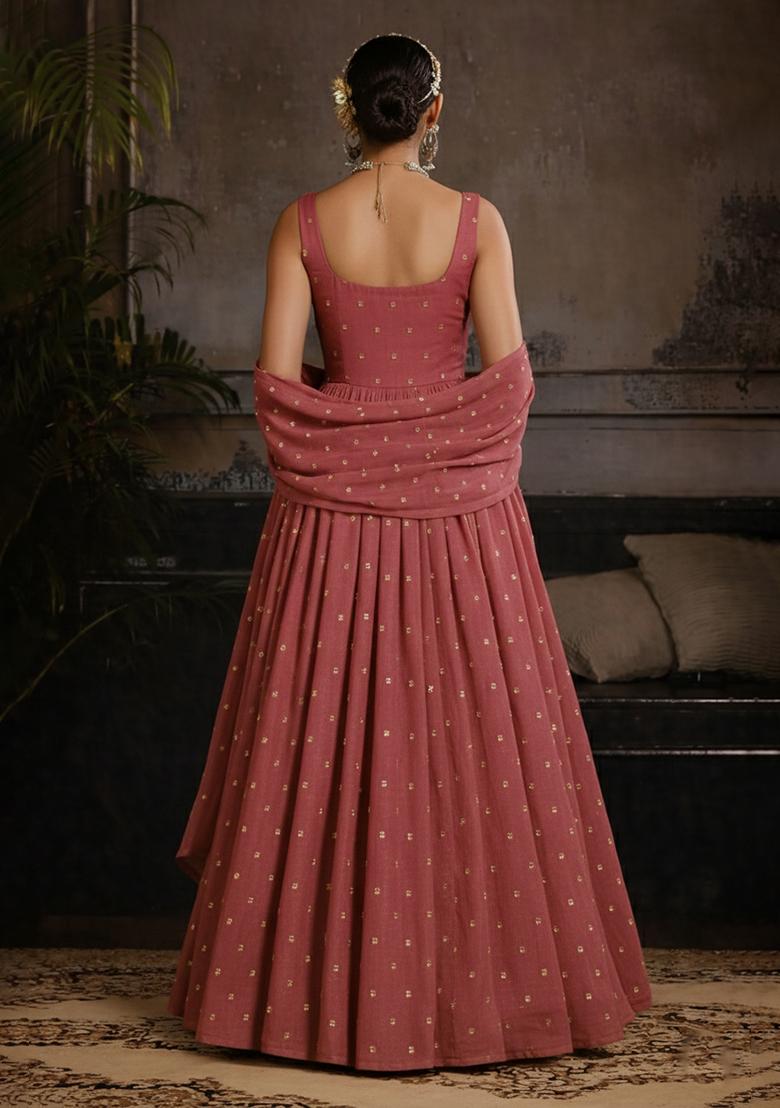 Dusty Pink Mirror Work Georgette Anarkali With Dupatta - Indya