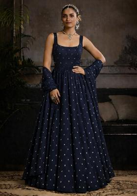 Midnight Blue Mirror Work Georgette Anarkali With Dupatta
