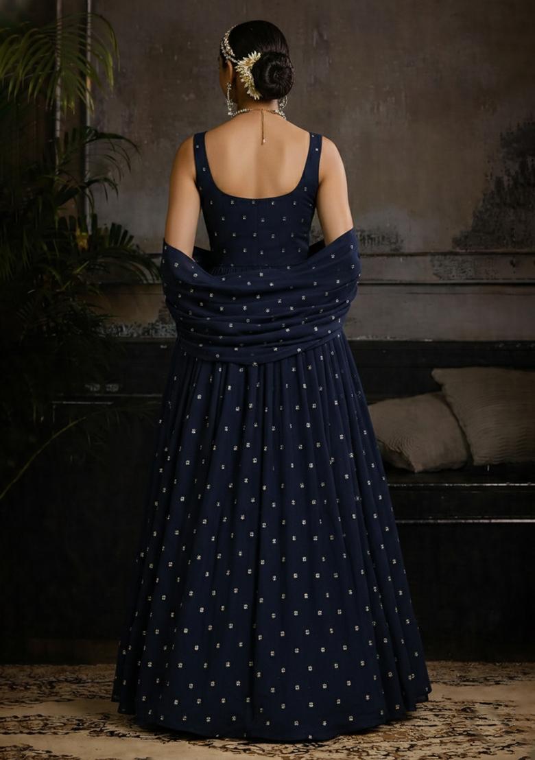 Midnight Blue Mirror Work Georgette Anarkali With Dupatta - Indya