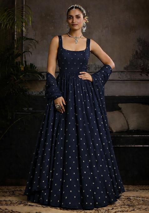 Midnight Blue Mirror Work Georgette Anarkali With Dupatta