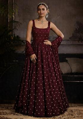 Wine Mirror Work Georgette Anarkali With Dupatta
