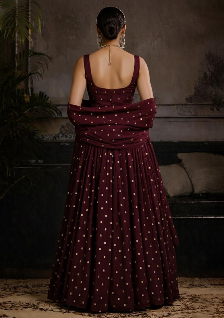 Wine Mirror Work Georgette Anarkali With Dupatta - Indya