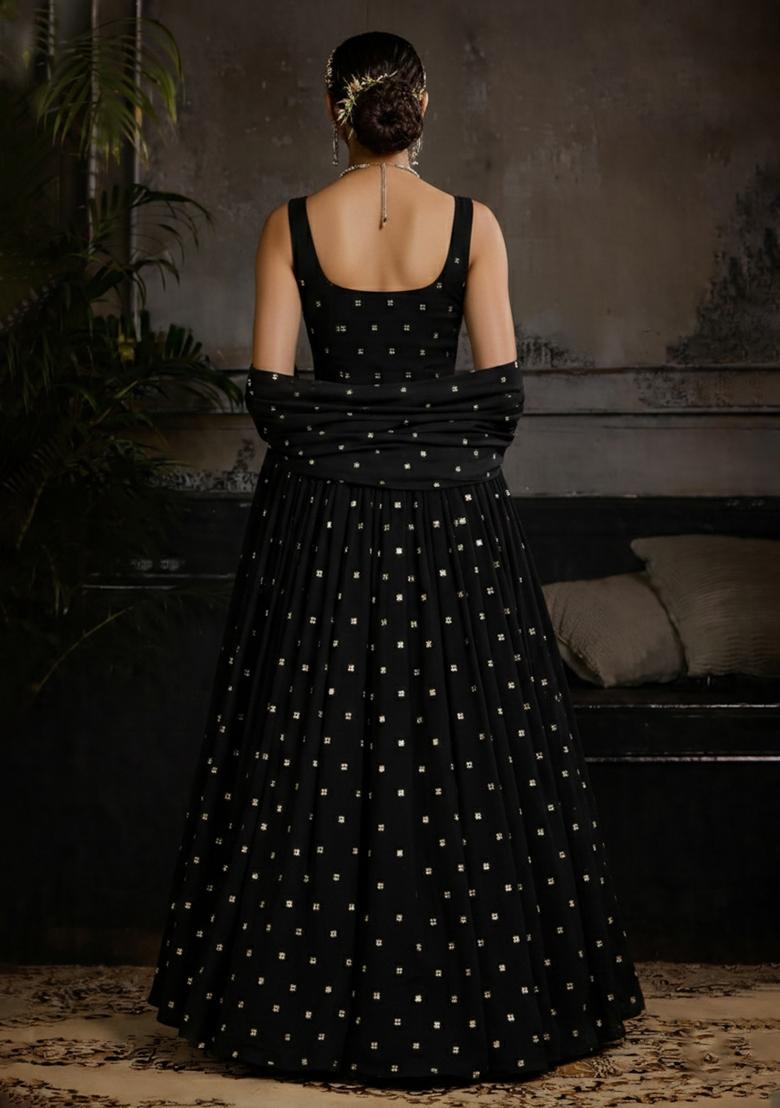 Black Mirror Work Georgette Anarkali With Dupatta - Indya