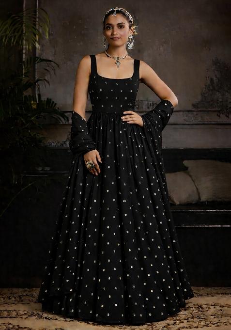 Black Mirror Work Georgette Anarkali With Dupatta