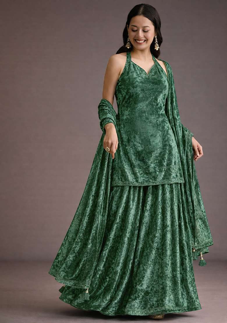 Bottle Green Solid Velvet Sharara Set - Indya