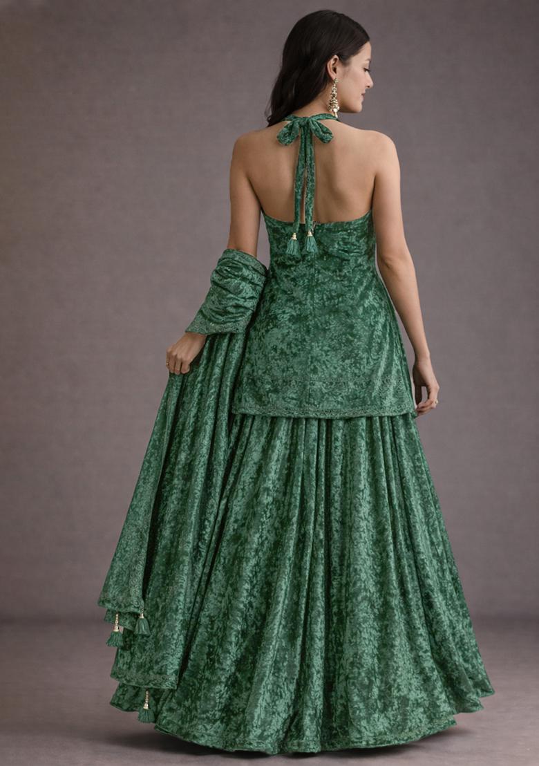 Bottle Green Solid Velvet Sharara Set - Indya