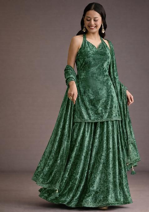 Bottle Green Solid Velvet Sharara Set