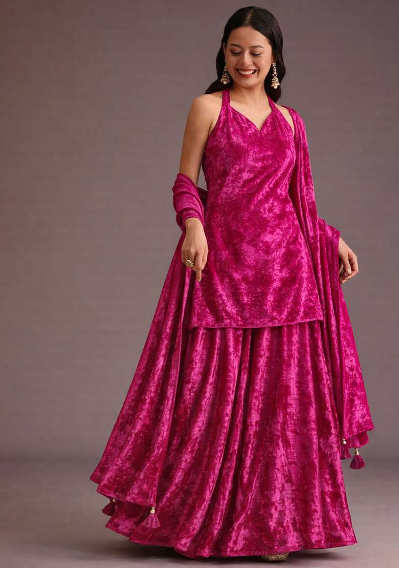 Rani Pink Solid Velvet Sharara Set - Indya