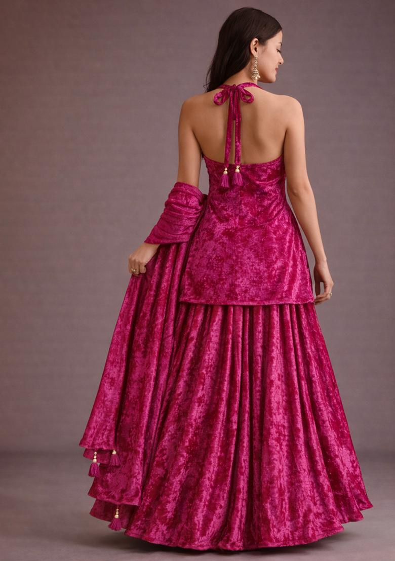 Rani Pink Solid Velvet Sharara Set - Indya
