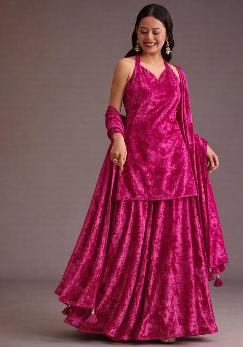 Rani Pink Solid Velvet Sharara Set