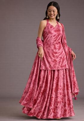 Pink Solid Velvet Sharara Set