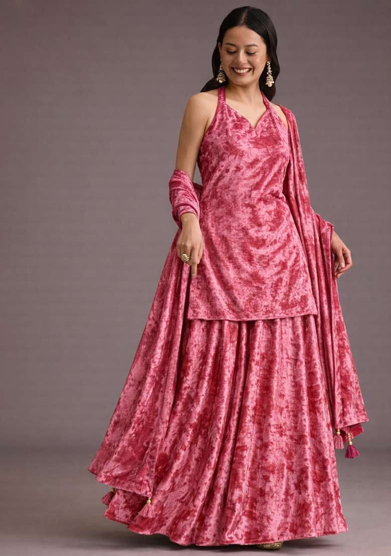Pink Solid Velvet Sharara Set - Indya