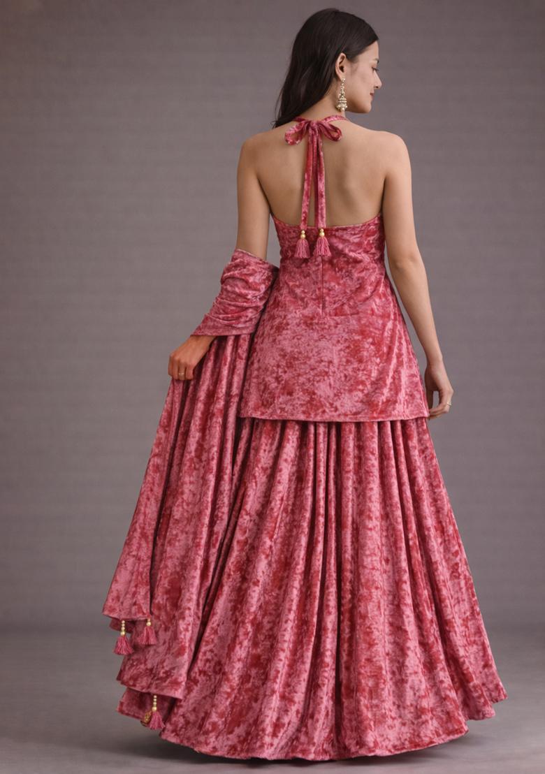 Pink Solid Velvet Sharara Set - Indya