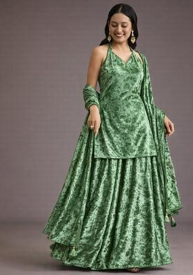 Olive Green Solid Velvet Sharara Set
