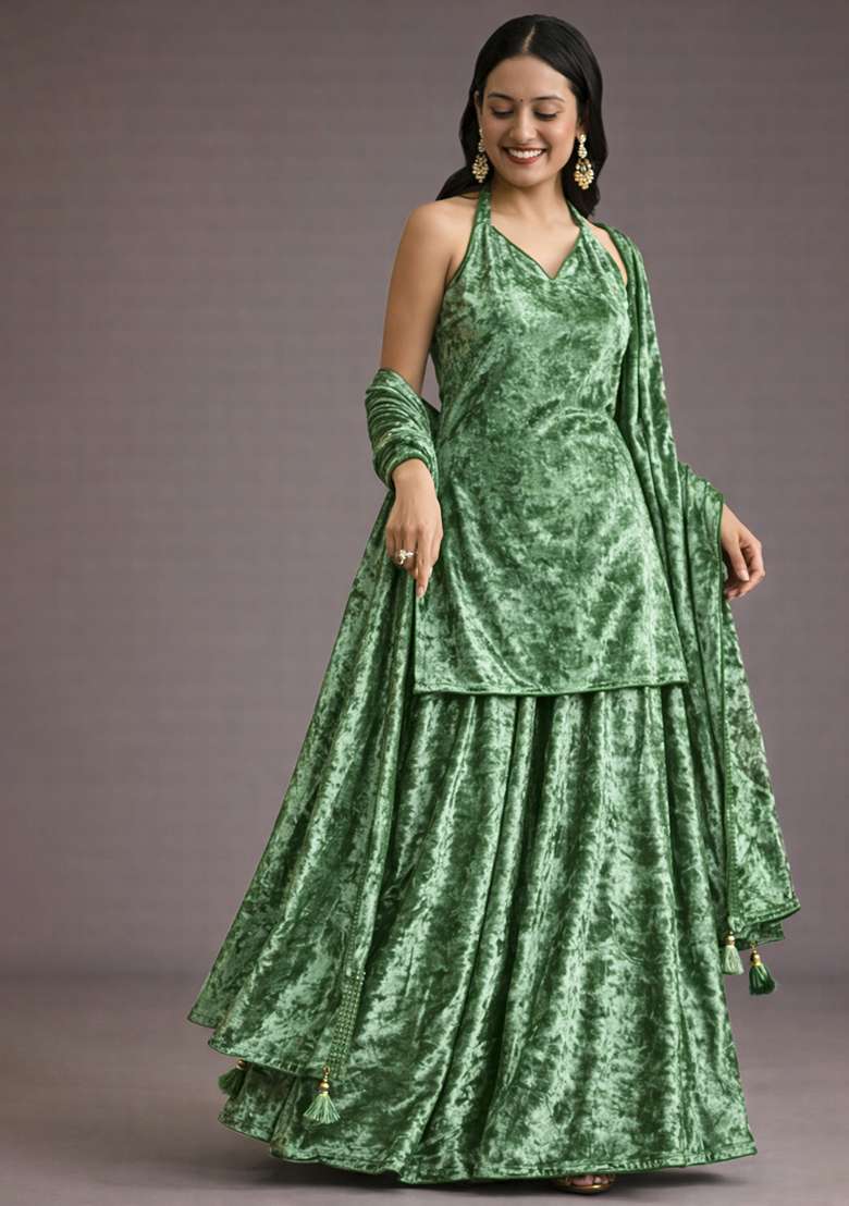 Olive Green Solid Velvet Sharara Set - Indya