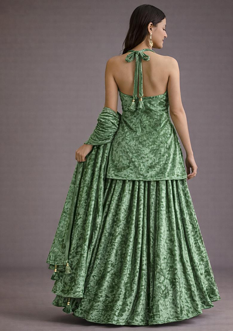 Olive Green Solid Velvet Sharara Set - Indya
