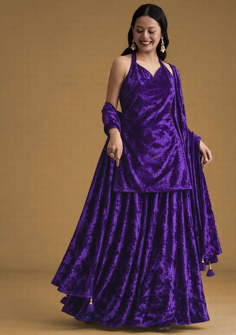 Navy Blue Solid Velvet Sharara Set - Indya