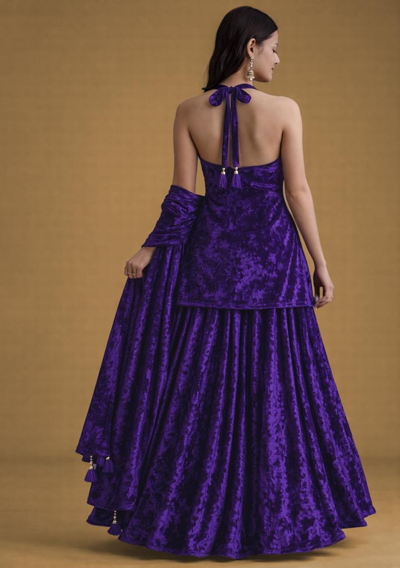 Navy Blue Solid Velvet Sharara Set - Indya