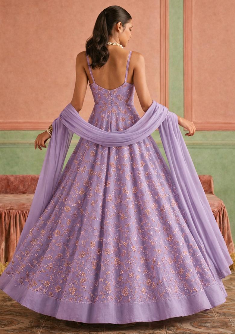 Lavender Sequin Crepe Anarkali With Dupatta - Indya
