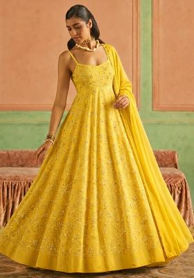 Yellow Sequin Crepe Anarkali With Dupatta