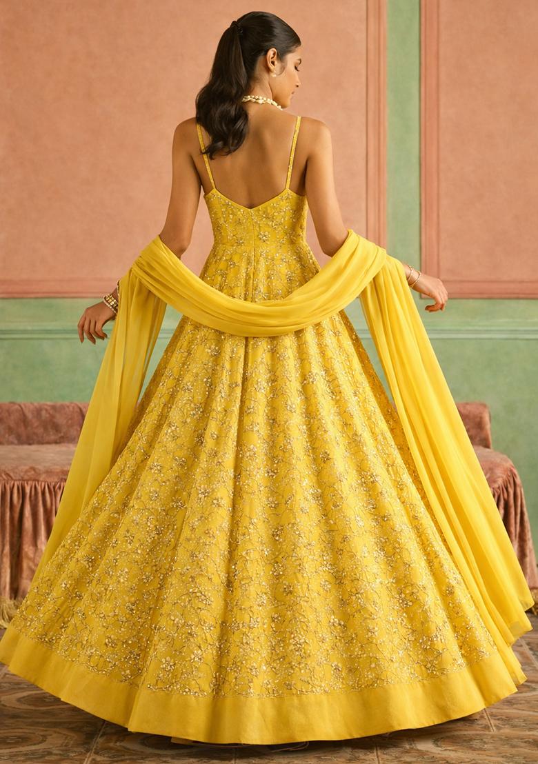Yellow Sequin Crepe Anarkali With Dupatta - Indya