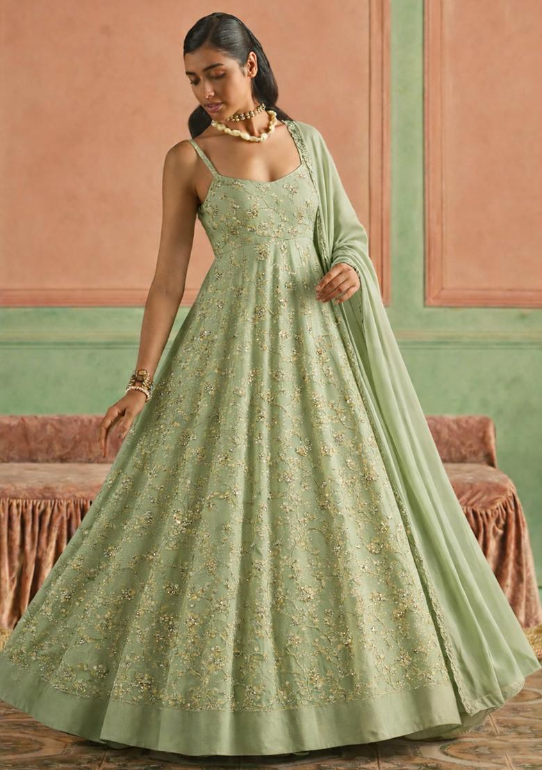 Green Sequin Crepe Anarkali With Dupatta - Indya
