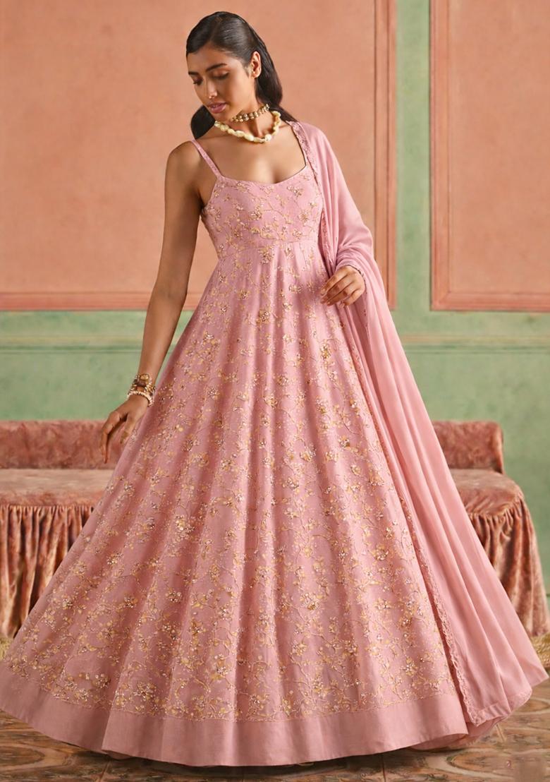 Pink Sequin Crepe Anarkali With Dupatta - Indya