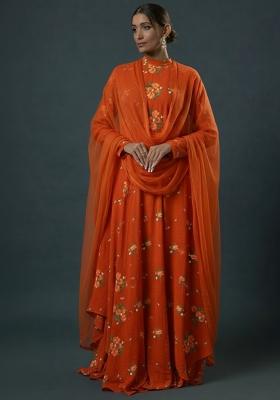 Brown Embroidered Chanderi Anarkali With Dupatta