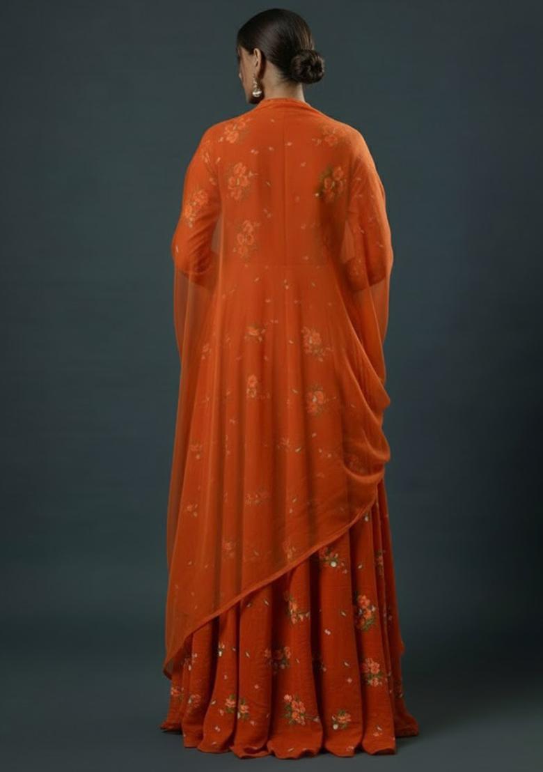 Brown Embroidered Chanderi Anarkali With Dupatta - Indya