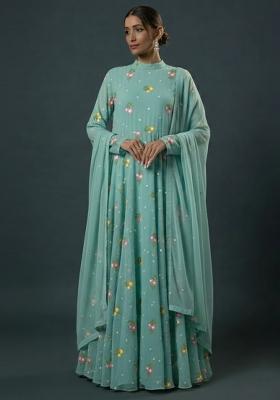 Blue Embroidered Chanderi Anarkali With Dupatta