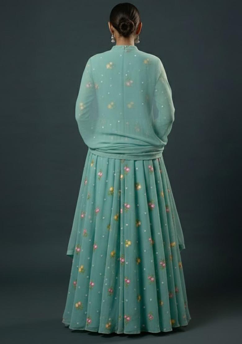 Blue Embroidered Chanderi Anarkali With Dupatta - Indya