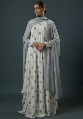 White Embroidered Chanderi Anarkali With Dupatta
