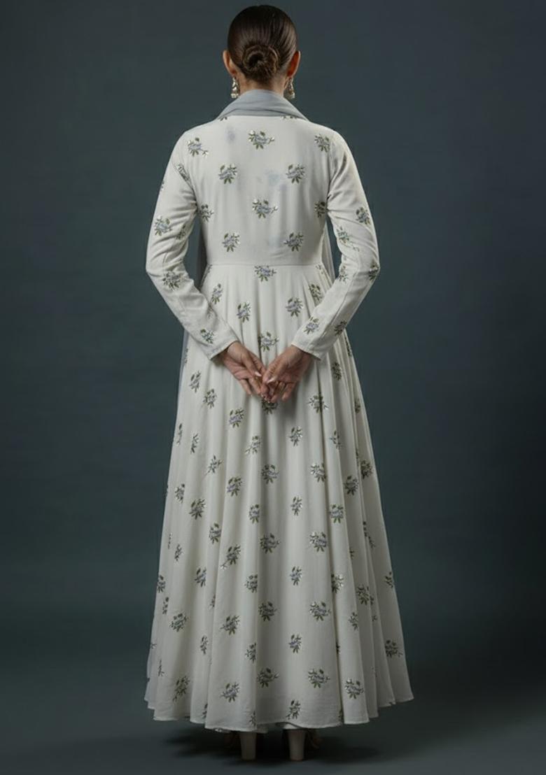 White Embroidered Chanderi Anarkali With Dupatta - Indya