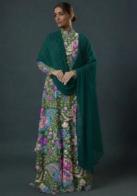 Green Floral Print Chinon Anarkali With Dupatta